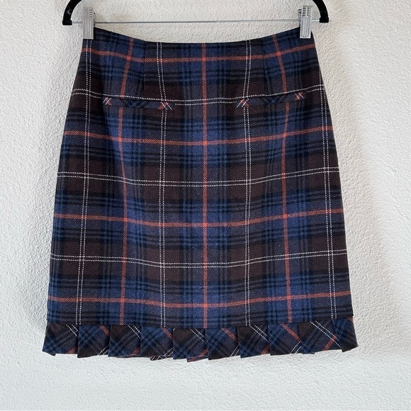 CAbi Women Midi Wool Blend Skirt 6 Brown Blue Orange Pleat Frill Hem Preppy Fall - Picture 1 of 9